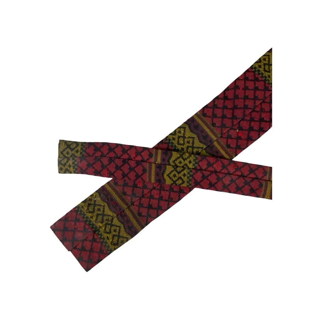 VTG Mens Tie Red Gold Black Tapestry Woven Geometric Square End Skinny 53x2.25